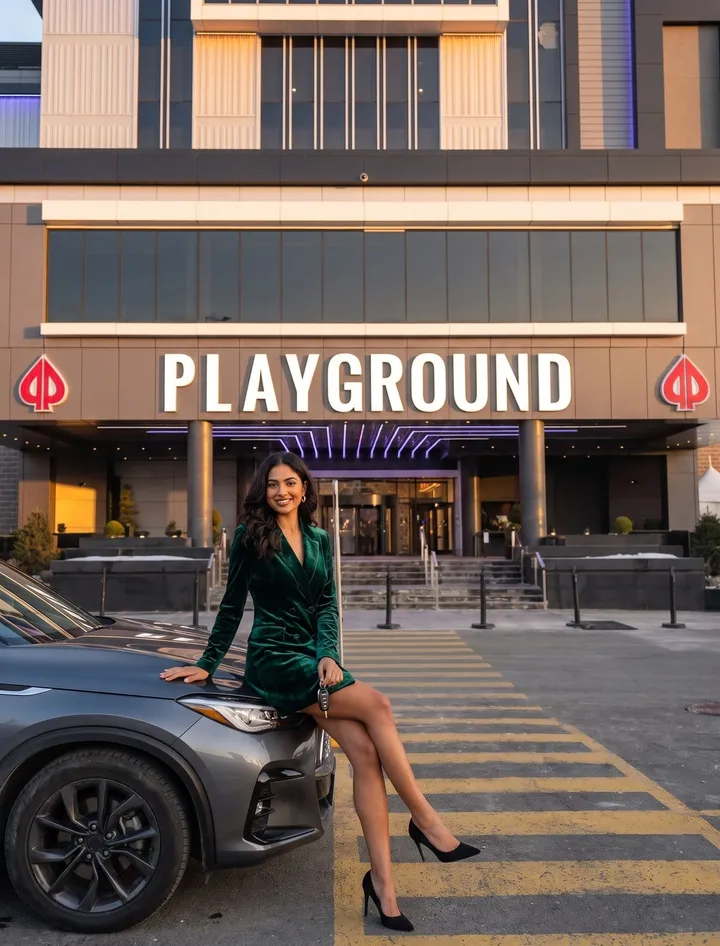 A woman sitting on a car outside Playground at sunset
