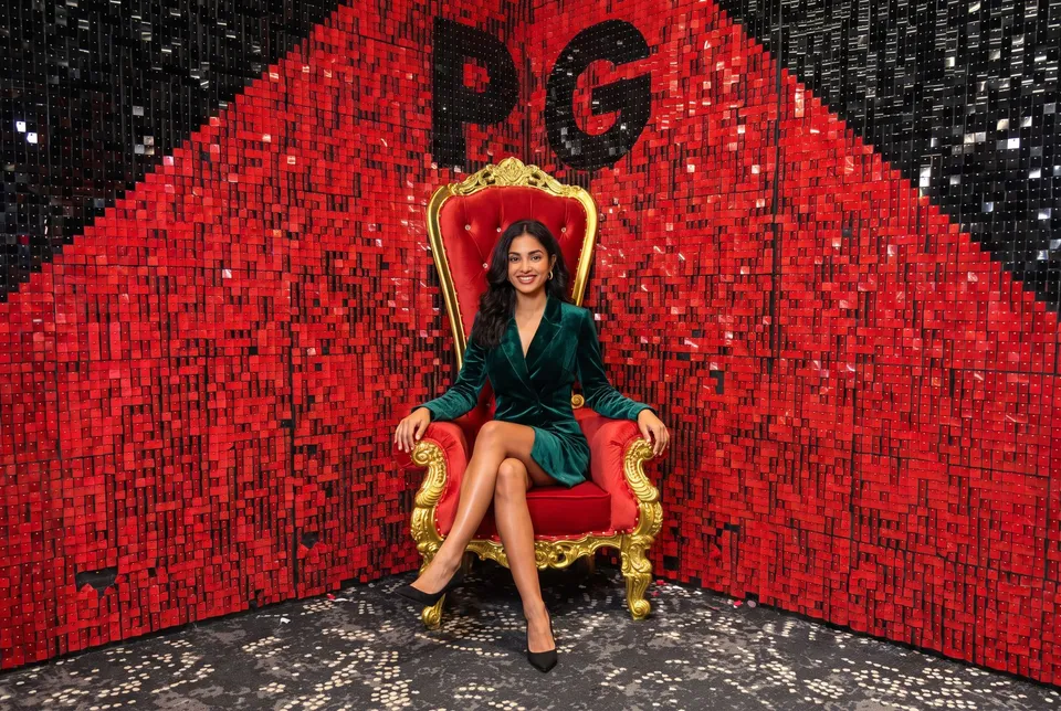 A woman on the red throne in the photo corner